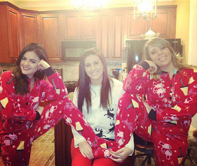 Lucy Hale wearing matching Christmas pajamas as holiday tradition