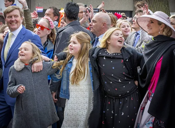 King Willem-Alexander, Queen Maxima, Princess Amalia, Princess Alexia and Princess Ariane, Princess Laurentien attend the 2016 Kings Day celebration in Zwolle. Pili Carrera Dress, Zara Lace Dress