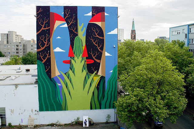 Agostino Iacurci made a quick stop by the city of Berlin in Germany where he had the opportunity to create a large artwork in the district of Moritzplatz.