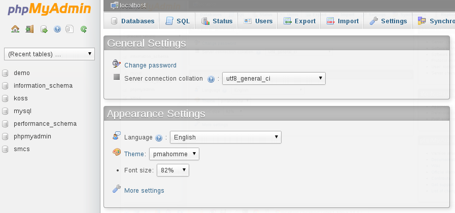 tampilan halaman dasbor  phpmyadmin