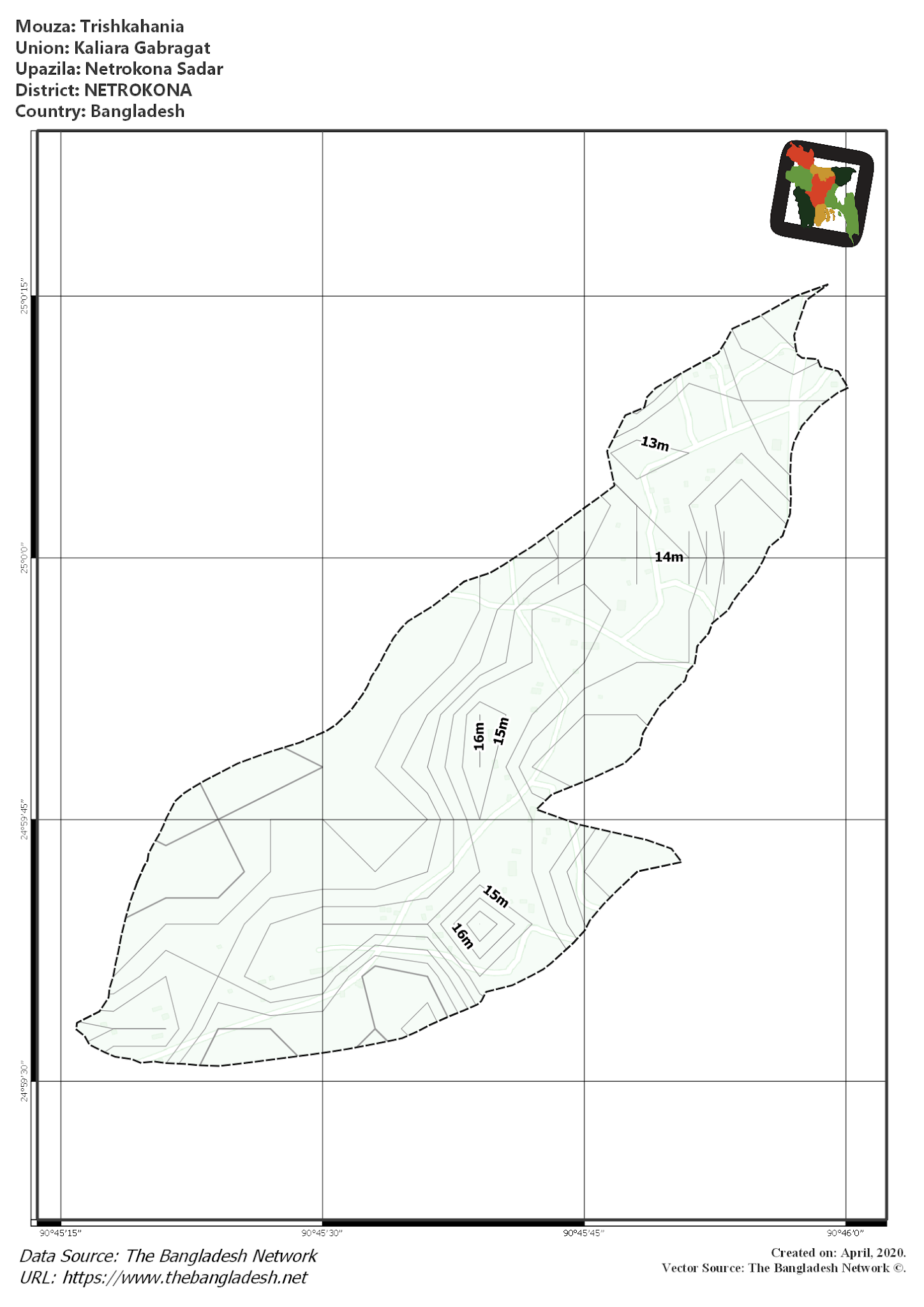 Map of Trishkahania Mouza of Netrokona Sadar Upazila, NETROKONA, Bangladesh.