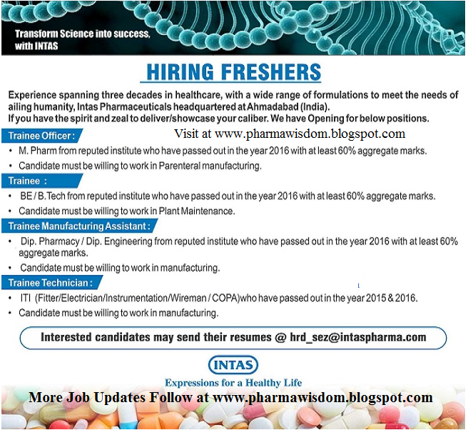 Hiring Freshers Intas Pharmaceuticals Ltd PHARMA WISDOM