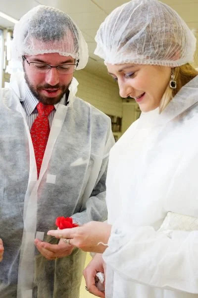 Crown Prince Guillaume and Crown Princess Stephanie of Luxemburg visited Namur-Hamm patisserie and chocolate factory.