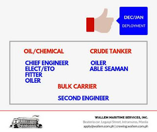 SEAMAN JOB VACANCY. Now hiring jobs for Filipino seafarers crew join on a bulk carrier, oil tanker ship deployment December 2018 - January 2019.