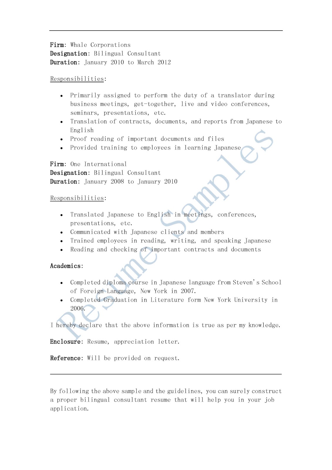 resume samples  bilingual consultant resume