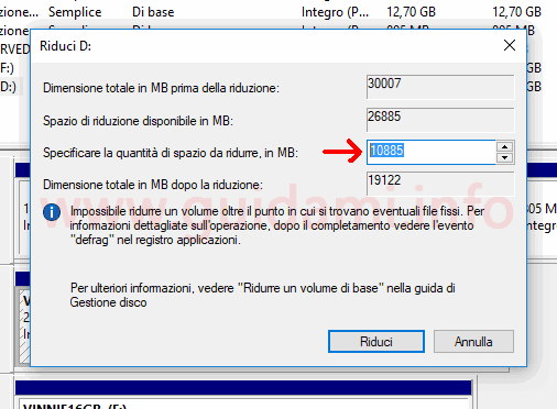 Windows 10 Gestione disco strumento Riduci volume unità di memoria