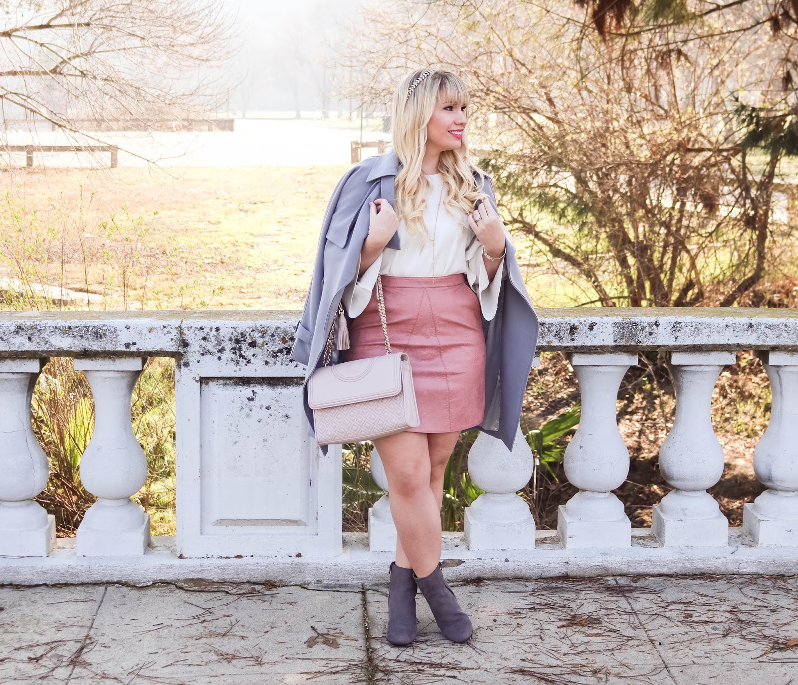 Pink Faux Leather Skirt Outfit - Lizzie in Lace