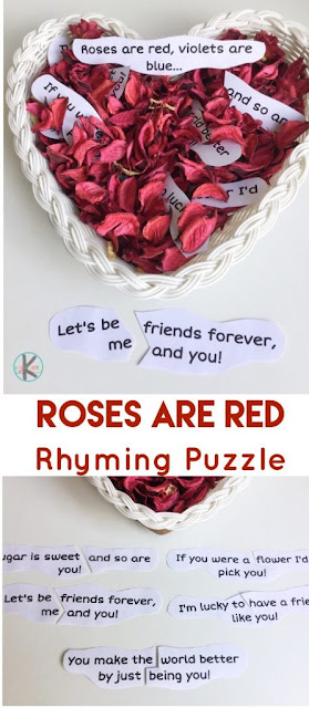 Here is a fun literacy activity that goes with the  roses are red poems for kids. This is sush a fun valentines rhymes for kids that turns into puzzles to work on reading skills with a fun rhyming activity for kindergarten, pre-k, and first grade students. This fun valentines day printable is perfect for Febraury.