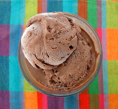 An overhead photo of double chocolate chip ice cream in a clear dish.