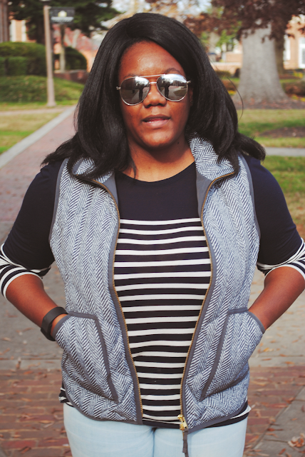 An outfit inspiration post featuring a J. Crew Factory herringbone vest, J. Crew shirt, and tall navy Hunter boots.