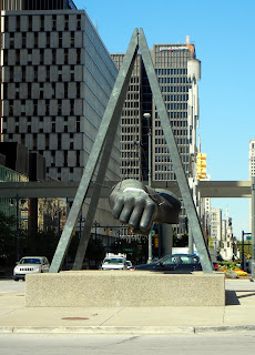 The Detroit Fist statue in downtown Detroit, Michigan