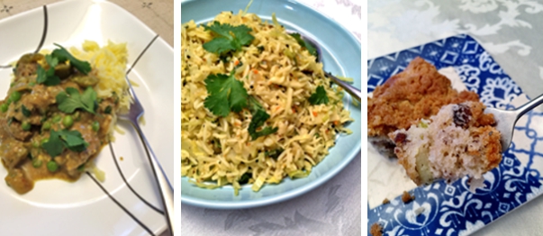 Lamb Curry, Indian, Rice, Cabbage, Rhubarb, Pecan, Coffeecake