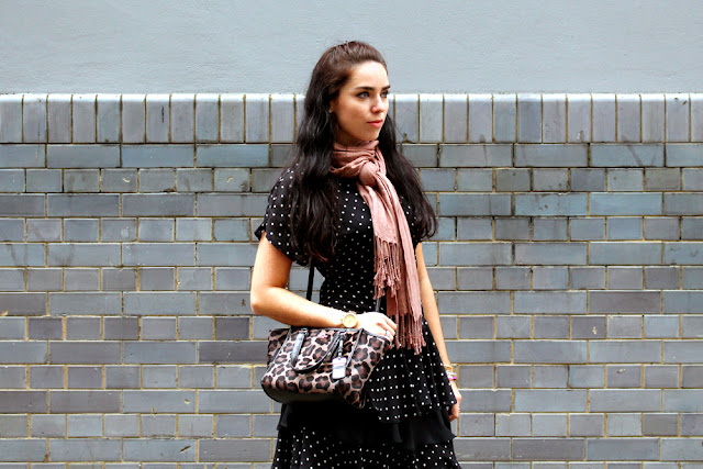 Vintage polka dot ruffle 80s dress and animal print Coach bag - London fashion blogger Emma Louise Layla 