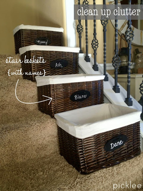 Use baskets for clearing clutter downstairs and hauling upstairs :: OrganizingMadeFun.com