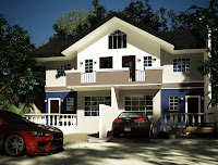 Bonito diseño de casa 3D de 2 pisos con autos deportivos estacionados