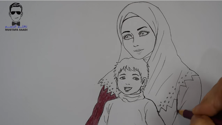 تعليم رسم امرأة محجبة مع طفلها للمبتدئين هدية عيد الام تعلم الرسم