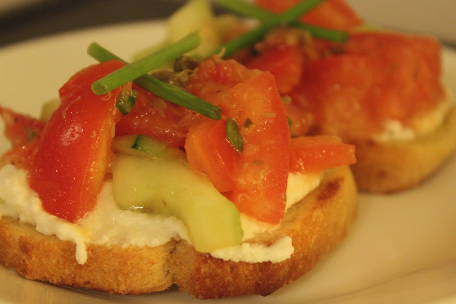 Everything in the Kitchen Sink Cucumber and Tomato Bruschetta