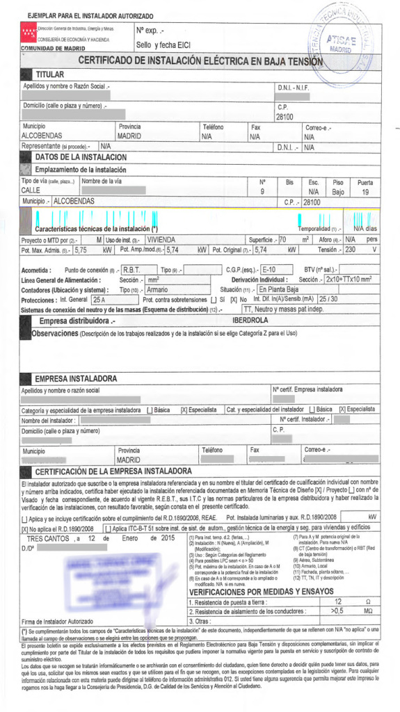 Boletín eléctrico. Certificado de Baja Tensión ALMADÉN Boletín eléctrico. Certificado de Baja Tensión ALMADÉN