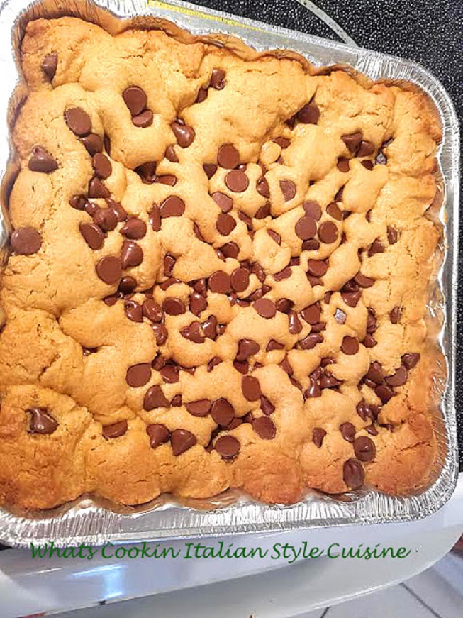 these are a peanut butter chocolate chip bar that was baked in a 9 x  9 disposable baking pan all homemade from scratch