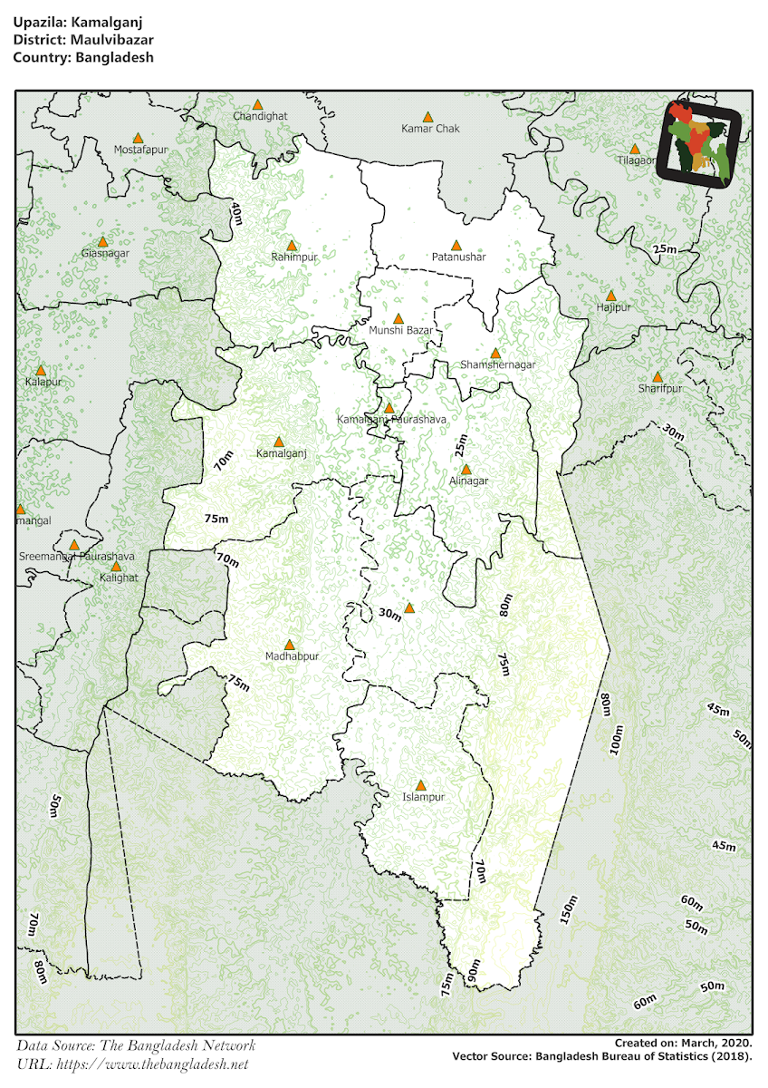 Kamalganj Upazila Elevation Map Moulvibazar District Bangladesh