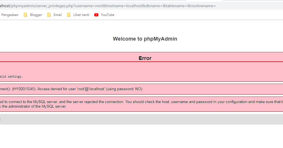 Localhost using password no. Mysqli::real_connect(): (hy000/1045): access denied for user 'admin'@'localhost' (using password: Yes). Access denied for user 'u178941db1'@'localhost'.