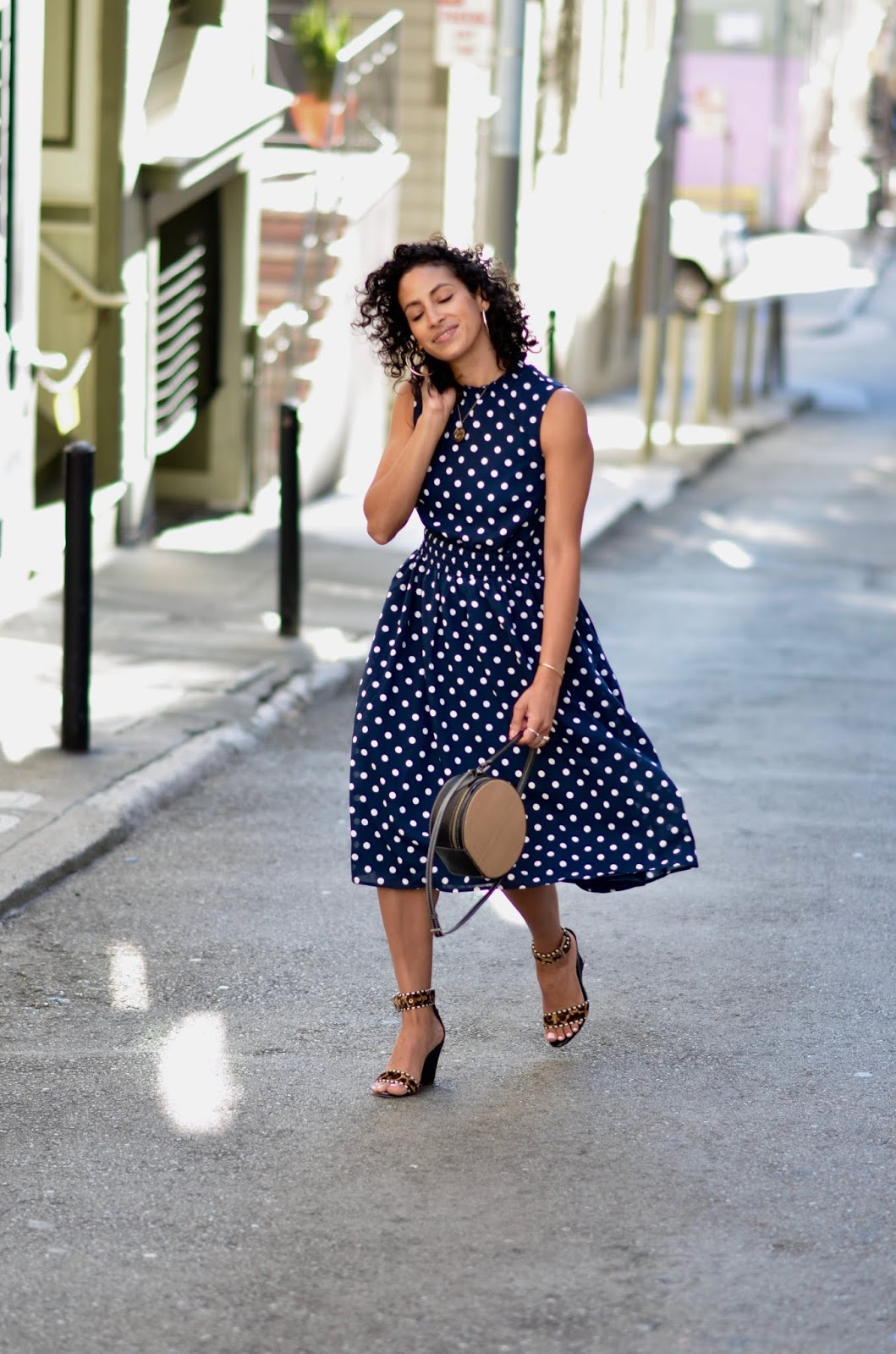 navy polka dot dress