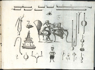 A page of illustrations showing a chemist at work, various pieces of equipment, and a faun.