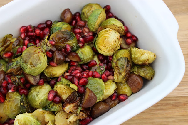festive maple roasted brussels sprouts with chestnuts and pomegranate