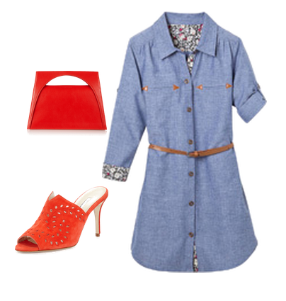 vestido camisero denim + mules rojos + bolso tote rojo