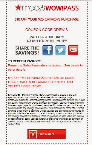 Josie&#39;s Smitty Deals: Macy&#39;s Coupon $10 off $25 till 1pm on 1/3-4