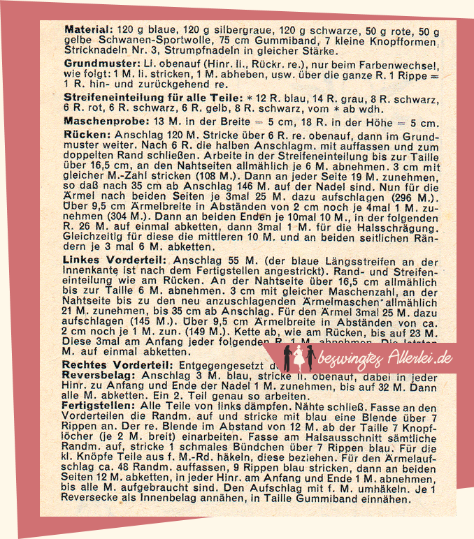 Strickanleitung: Gestreifte Strickjacke aus Beyers Handarbeit und Wäsche 09/1952! || beswingtesallerlei.de
