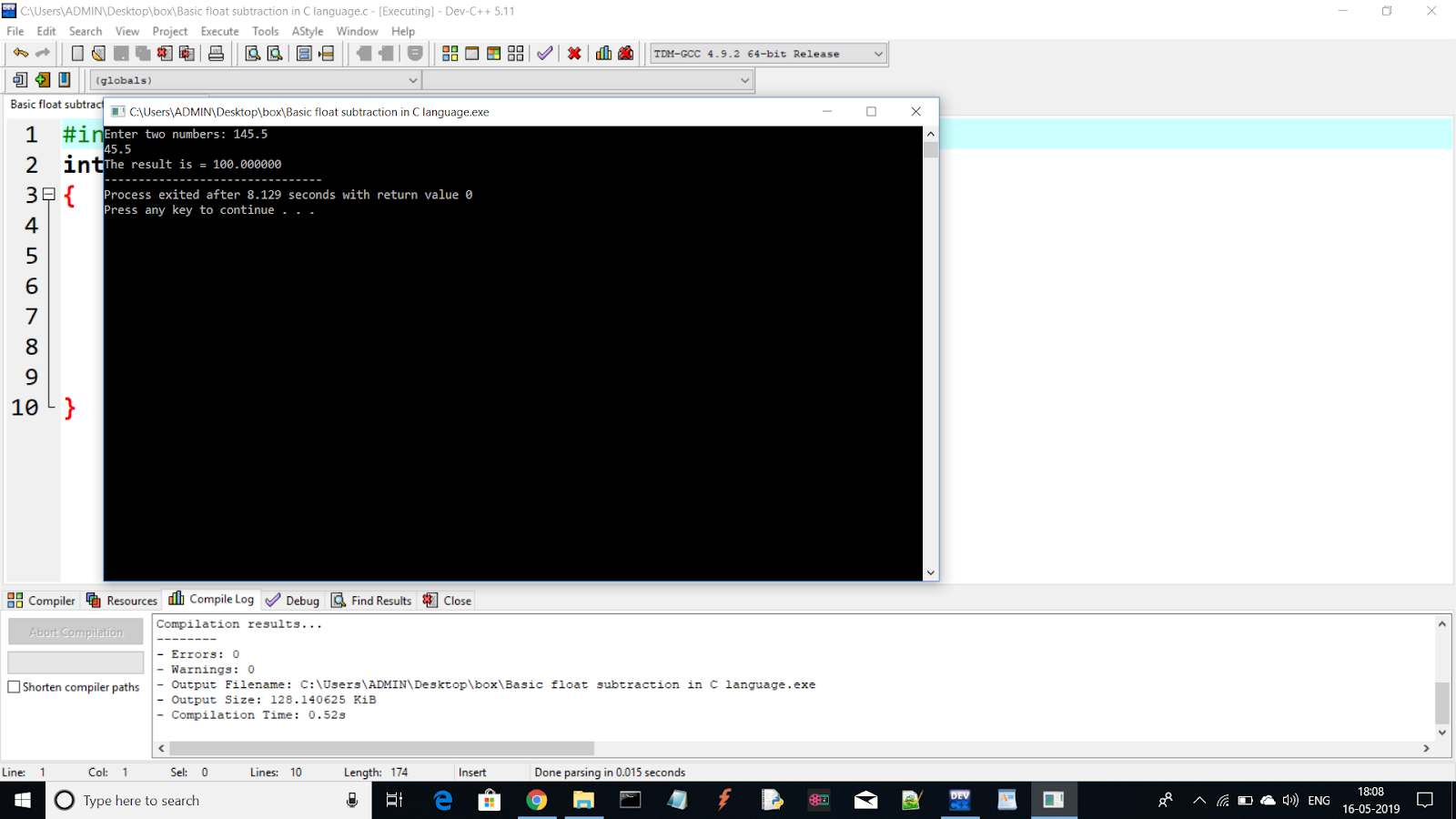 Basic float subtraction in C language