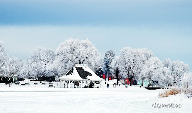 Couchiching Beach Park covered in winter snow, Orillia, Ont.