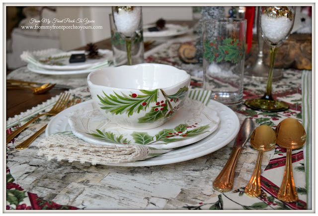 Farmhouse Christmas Dining Room-Holly Dinnerware-Christmas Dishes-Birch Placemat- From My Front Porch To Yours