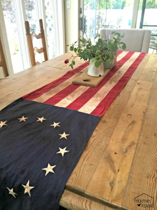 American Flag Table Runner on farmhouse table.