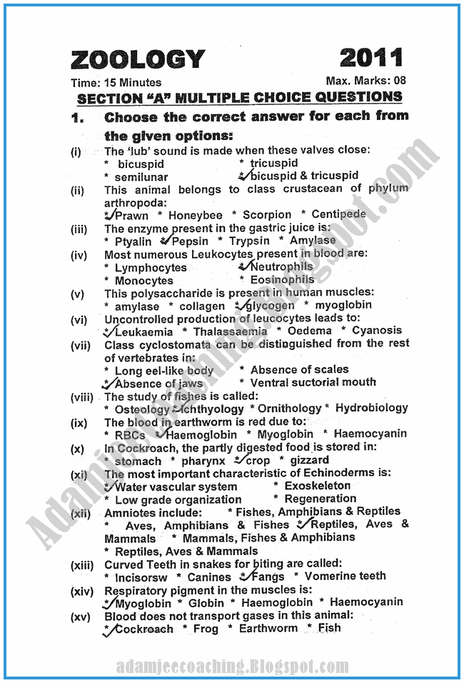 Adamjee Coaching Zoology 2011 Past Year Paper Class XI