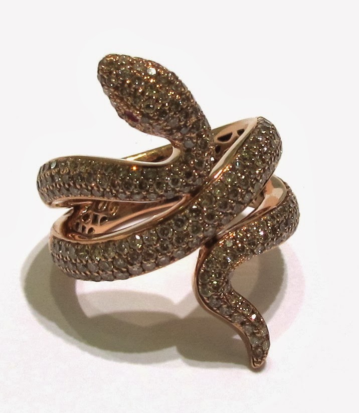 Rose Gold Snake Ring with Cognac Diamonds and Rubies