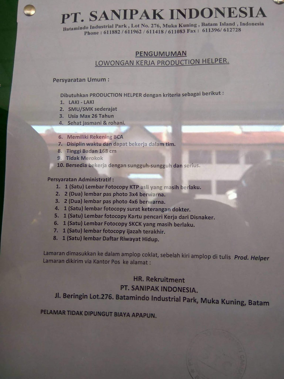 Lowongan Kerja PT. Sanipak Indonesia Lowongan Kerja