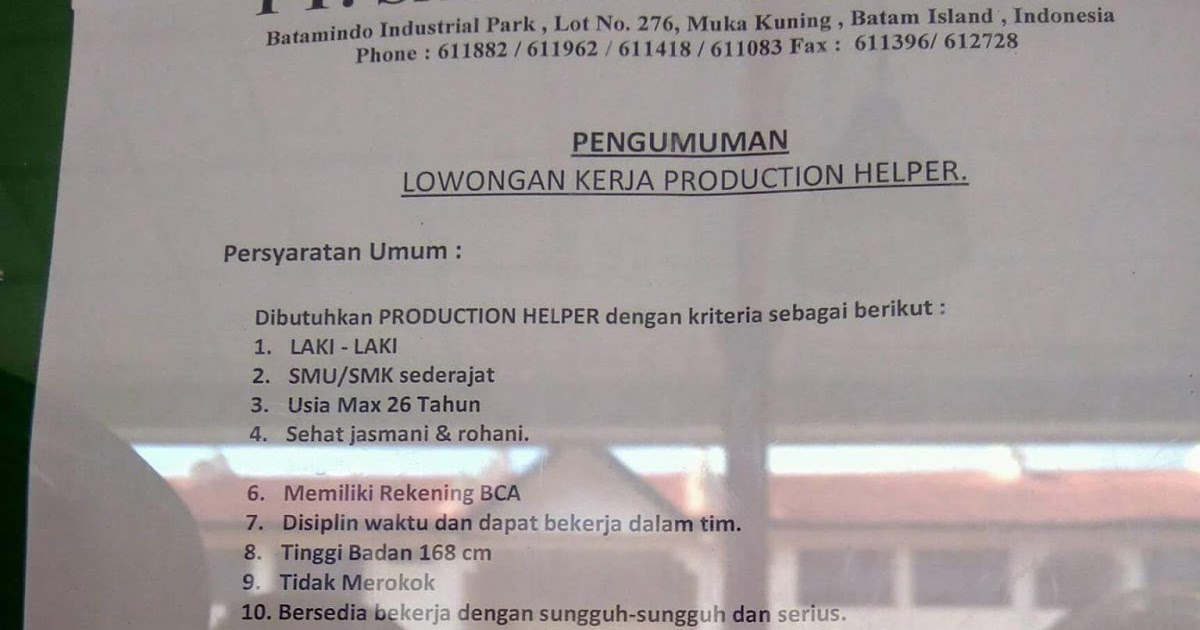 Lowongan Kerja PT. Sanipak Indonesia Lowongan Kerja