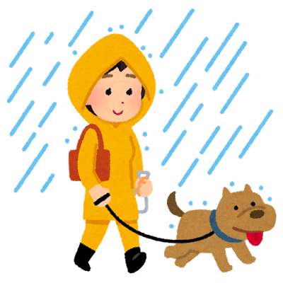 雨の日に犬の散歩をする人のイラスト