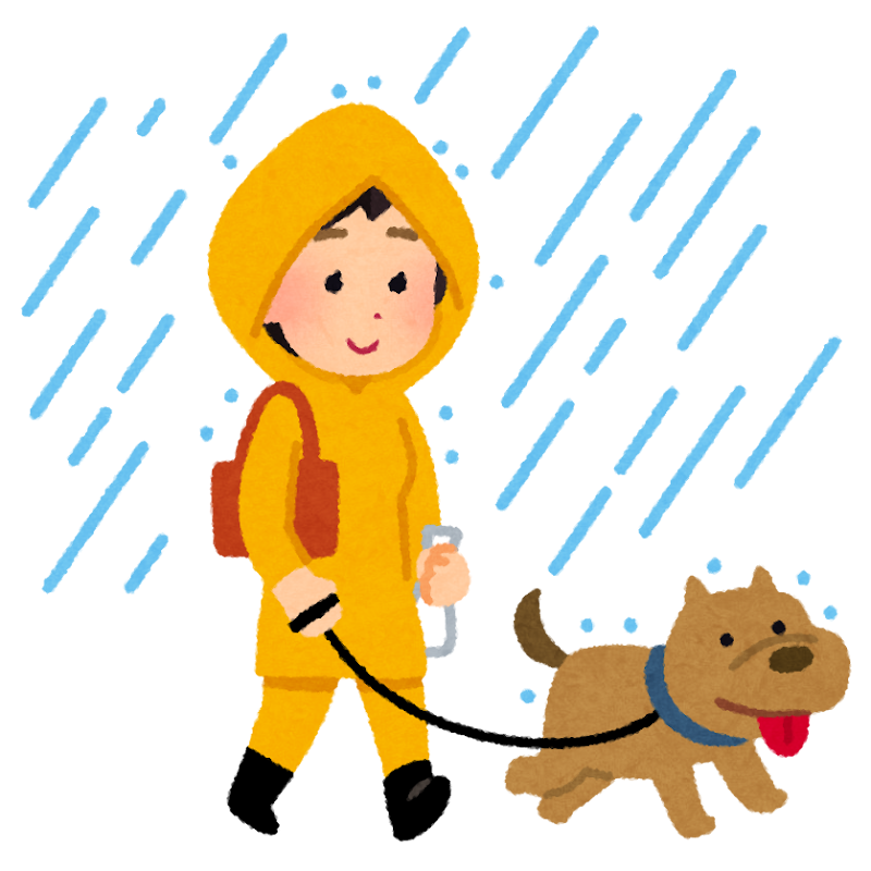 雨の日に犬の散歩をする人のイラスト