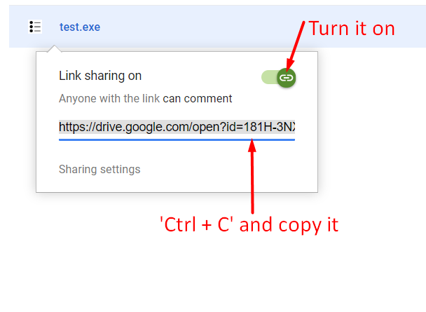 Now turn on the link sharing and copy the link you got.