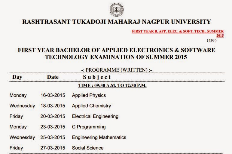 First Year Bachelor of Applied Electronics & Software Technology Time Table