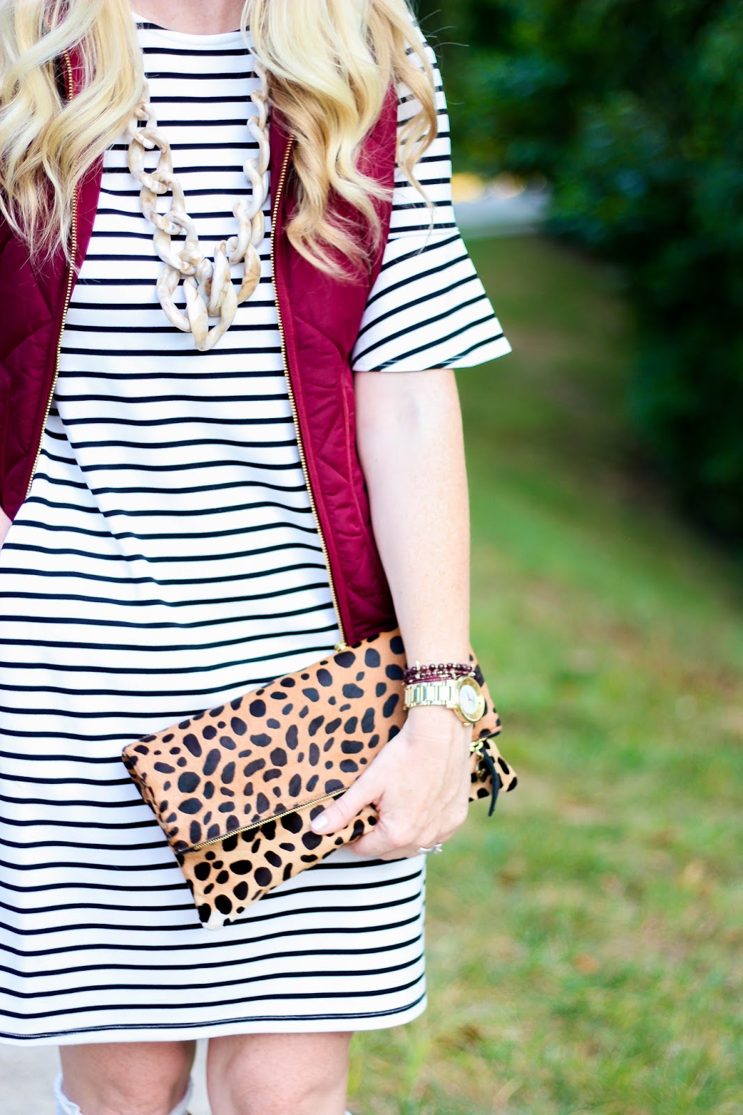 Stripe Dress & Maroon Puffer Vest + Best Columbus Day Sales to Shop by Washington DC fashion blogger Styled Blonde