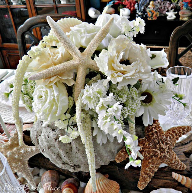 Plum Creek Place - Seashells and Roses Coastal Tablescape - DIY Shell Encrusted Candle Holders 