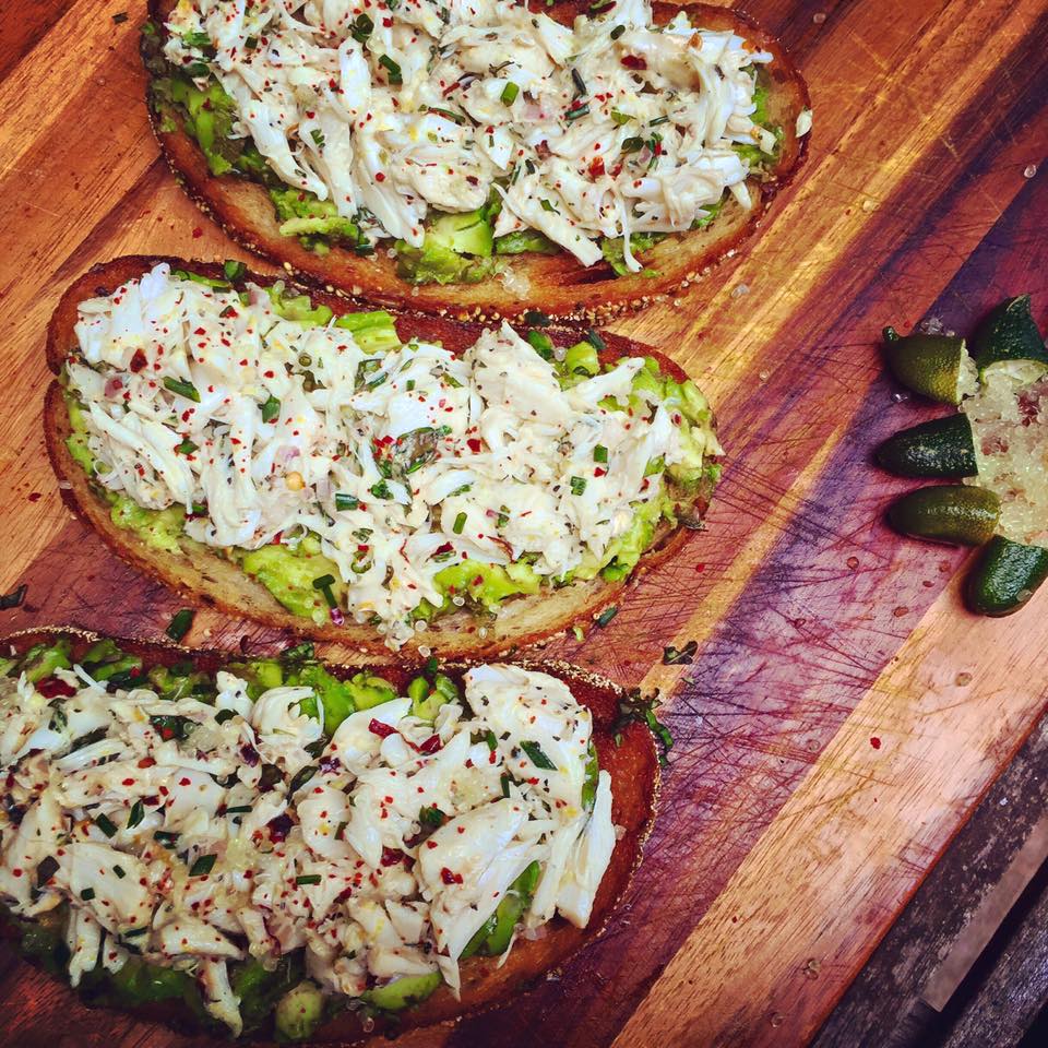 Haute + Heirloom Smoked Avocado Toast with Herbed Crab Salad, Bacon