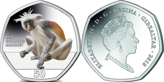 2018 Gibraltar Primates 50p Coin Series 3rd Coin Red Colobus Monkey