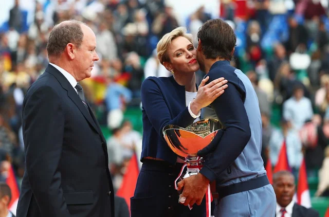 Prince Albert and Princess Charlene attended the awards ceremony of the Monte Carlo Rolex Masters. newmyroyals, new myroyals, new my royals, dress jeweler, diamond, princess charlene style
