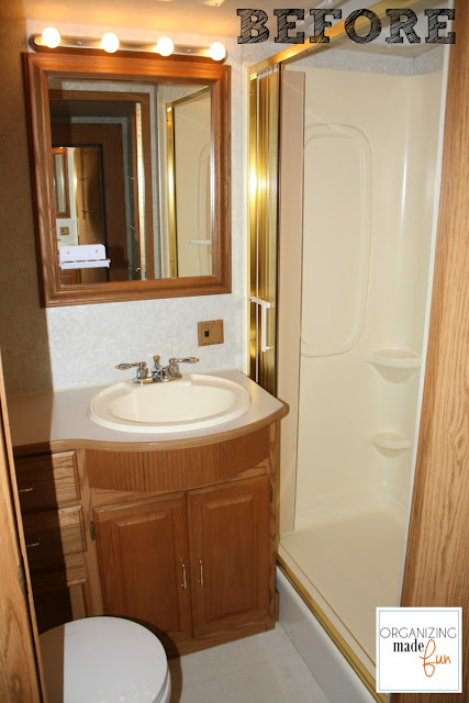 RV Bathroom BEFORE with brass shower :: OrganizingMadeFun.com