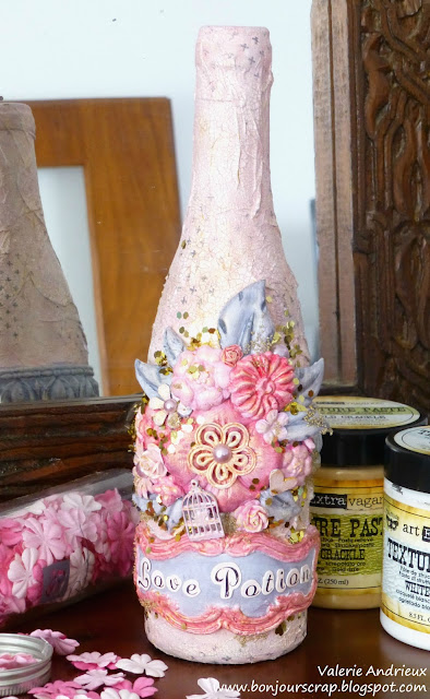 mixed media altered wine bottle with Prima Marketing, Iron Orchid Designs, and Art Anthology